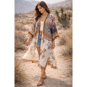 Ivy Jane Boho Kimono Duster Floral Patchwork Tassel Large Velvet Festival spring